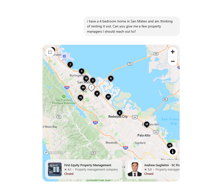 Logged-out ChatGPT session dated August 26, 2026. The prompt reads: I have a 4 bedroom home in San Mateo and am thinking of renting it out. Can you give me a few property managers I should reach out to? ChatGPT surfaces fifteen firms on a map and then narrows to a written shortlist of six. Andrew Guglielmi of SC Properties is listed second, described as a smaller hands-on option managing single-family homes, condos, townhomes and small multifamily across the Peninsula, and the answer cites his own website, The Guglielmi Group, for the detail that the firm manages about 77 properties and 250 doors.
