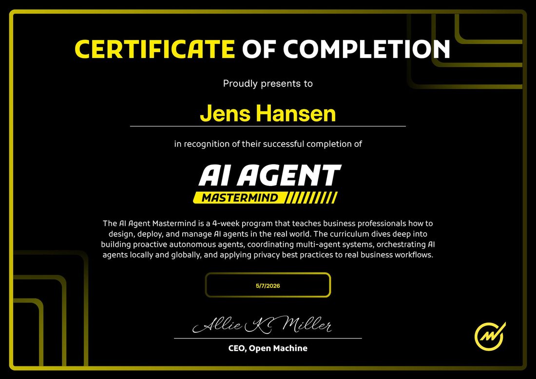 Jens Hansen's AI Agent Mastermind certificate from Allie Miller's four-week course