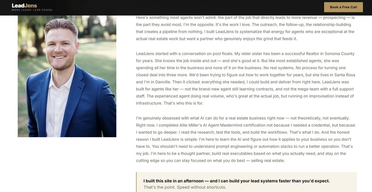 The About section of LeadJens.com — Jens Hansen's headshot beside the LeadJens story