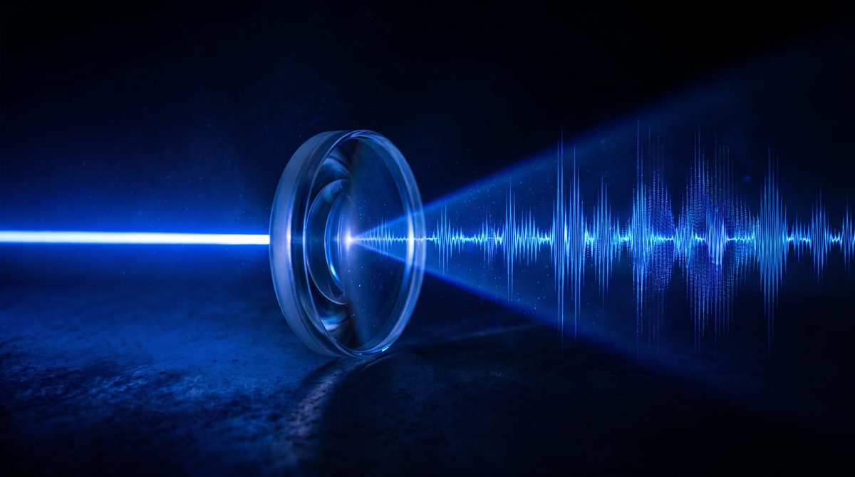 A beam of white light passing through a lens and emerging as a tuned voiceprint signature — the Voice Lens concept